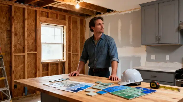 Man in denim shirt reviewing tile samples on wooden table in unfinished kitchen renovation scene