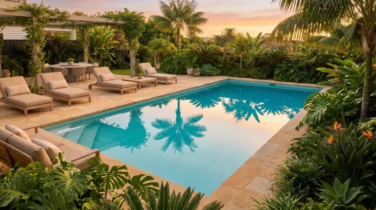 Luxury backyard with swimming pool, lounge chairs, and tropical plants at sunset