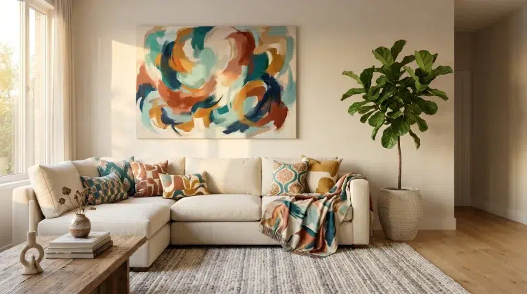 Beige sectional sofa with colorful pillows under abstract artwork in bright living room