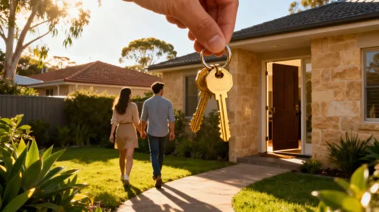Close-up of hand holding keys with couple walking towards stone house in sunny backyard