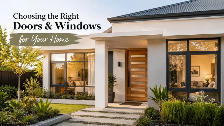 Modern house exterior with large wooden front door and wide windows, surrounded by lush garden plants