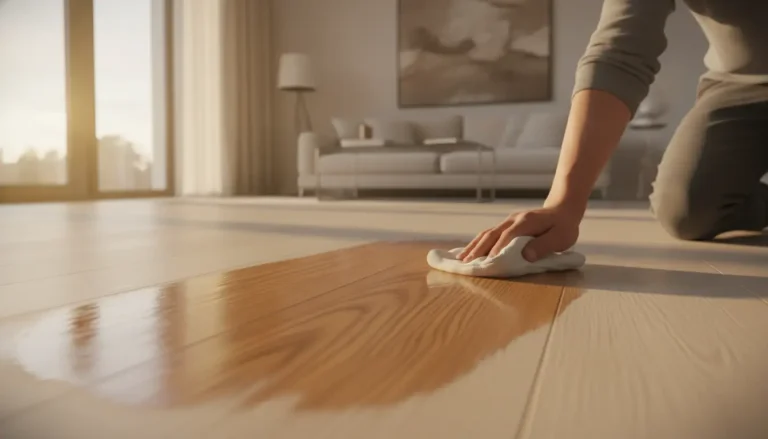 Hand polishing wood floor in bright modern living room with sunlight streaming through large windows