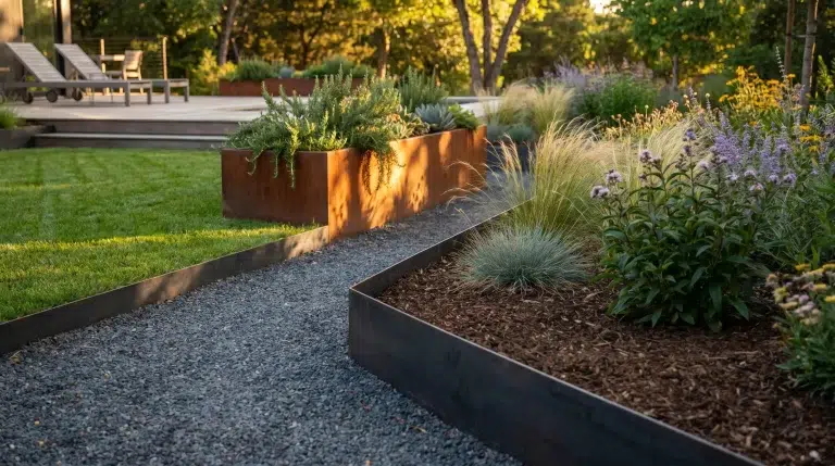 Contemporary garden with metal raised beds and diverse plants under warm evening light