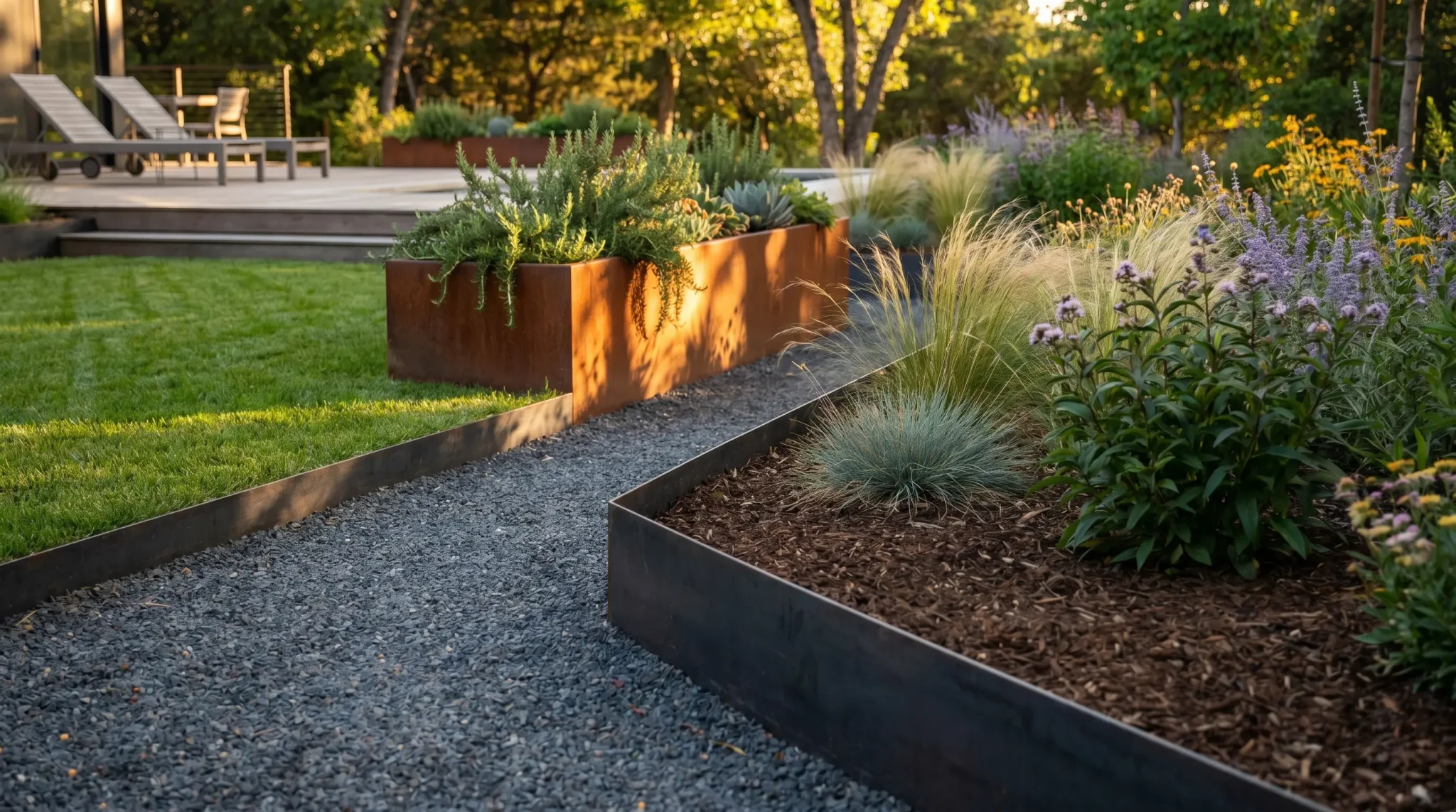 Contemporary garden with metal raised beds and diverse plants under warm evening light