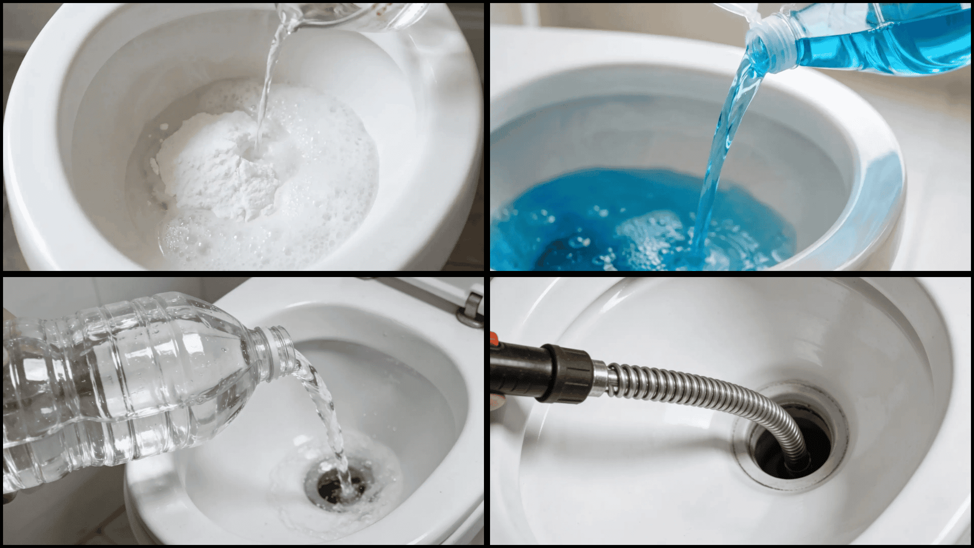 how to fix a clogged toilet without a plunger using baking soda, vinegar, dish soap, or a plumbing snake.