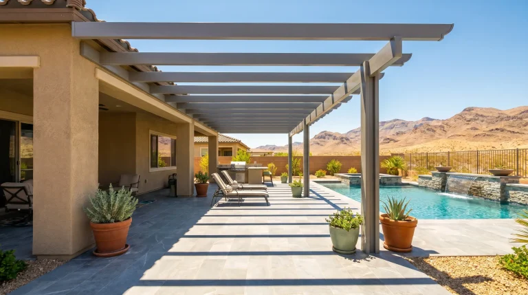 Outdoor patio with wooden pergola, lounge chairs, and pool overlooking desert landscape