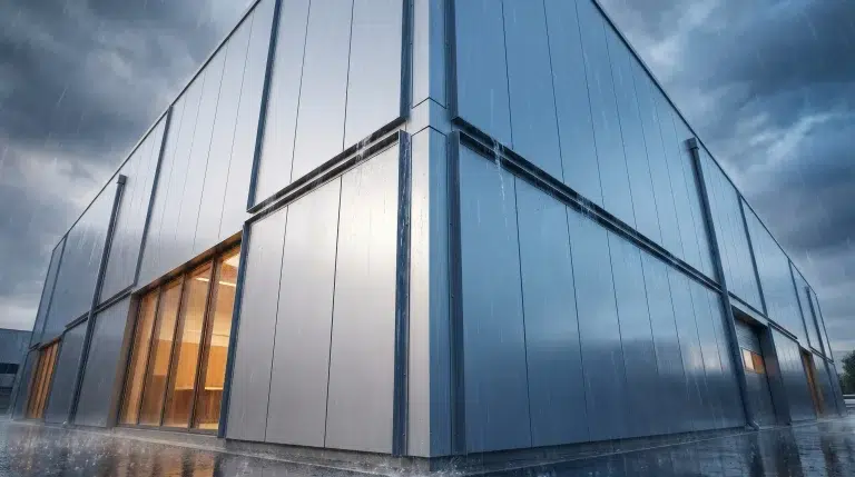 Modern industrial building with sleek metal panels in rainy weather under overcast sky