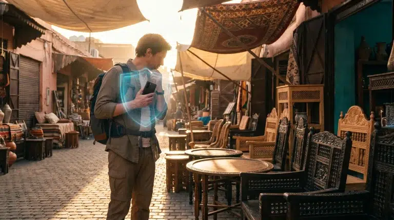Traveler holding phone with glowing shield graphic, walking through outdoor market with wooden furniture