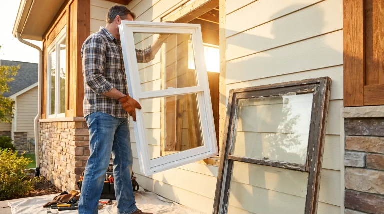 Man replacing window on exterior siding of house during sunset