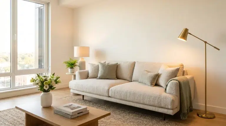 Beige sofa with cushions and throw blanket in cozy living room with large window and floor lamp