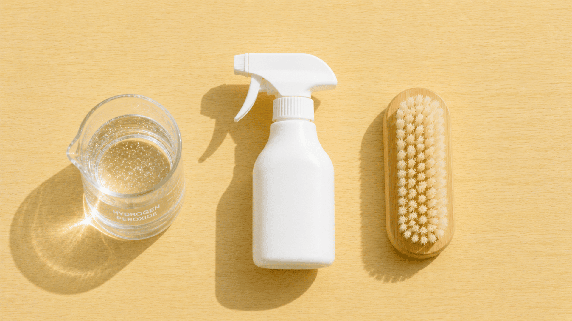 hydrogen peroxide soft brush and spray bottle on a table