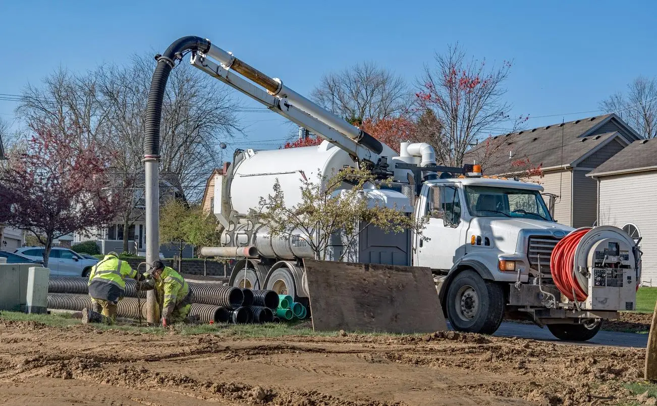 Vacuum truck with large hose and workers in reflective jackets at construction site
