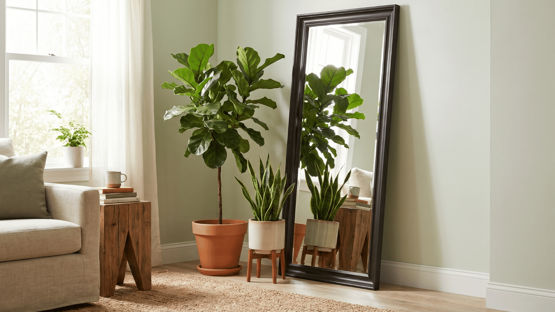 Indoor plants reflected in a tall mirror near a corner