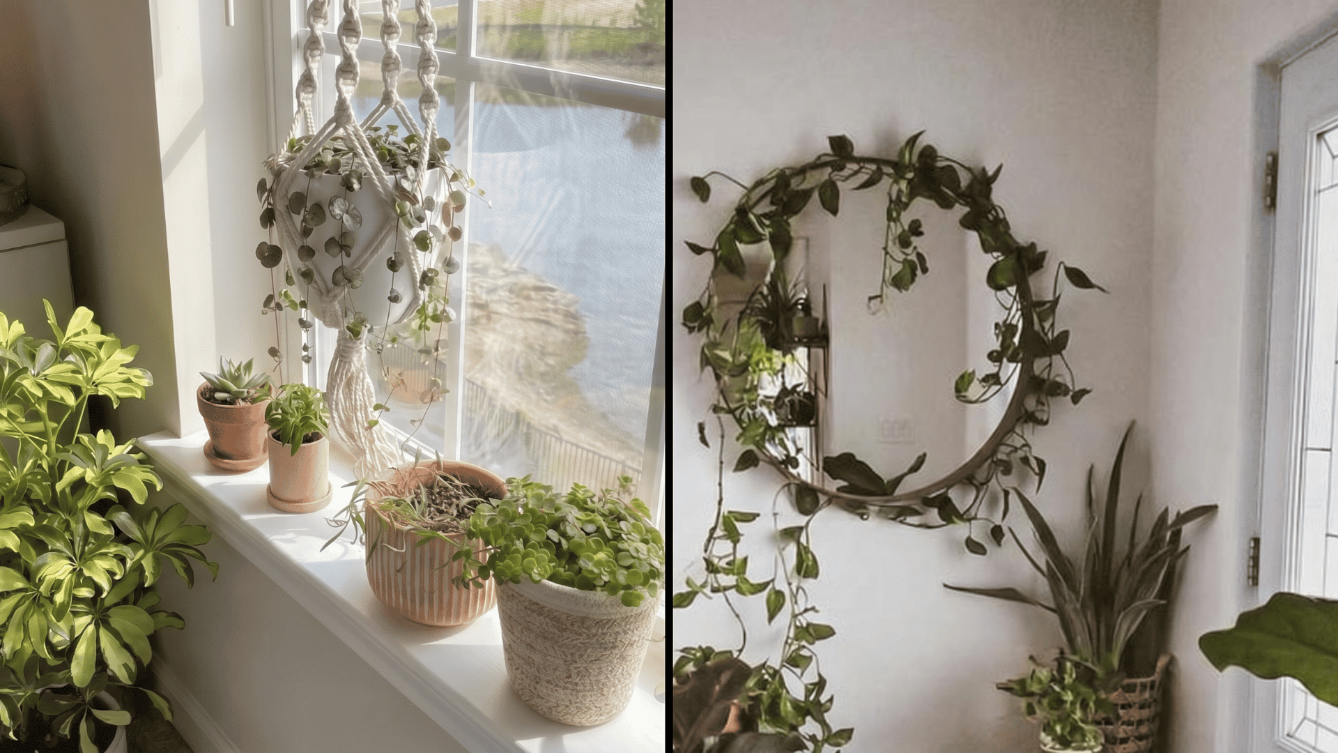 Indoor plants styled on a sunny windowsill and around a mirror to create a fresh and cozy indoor space.