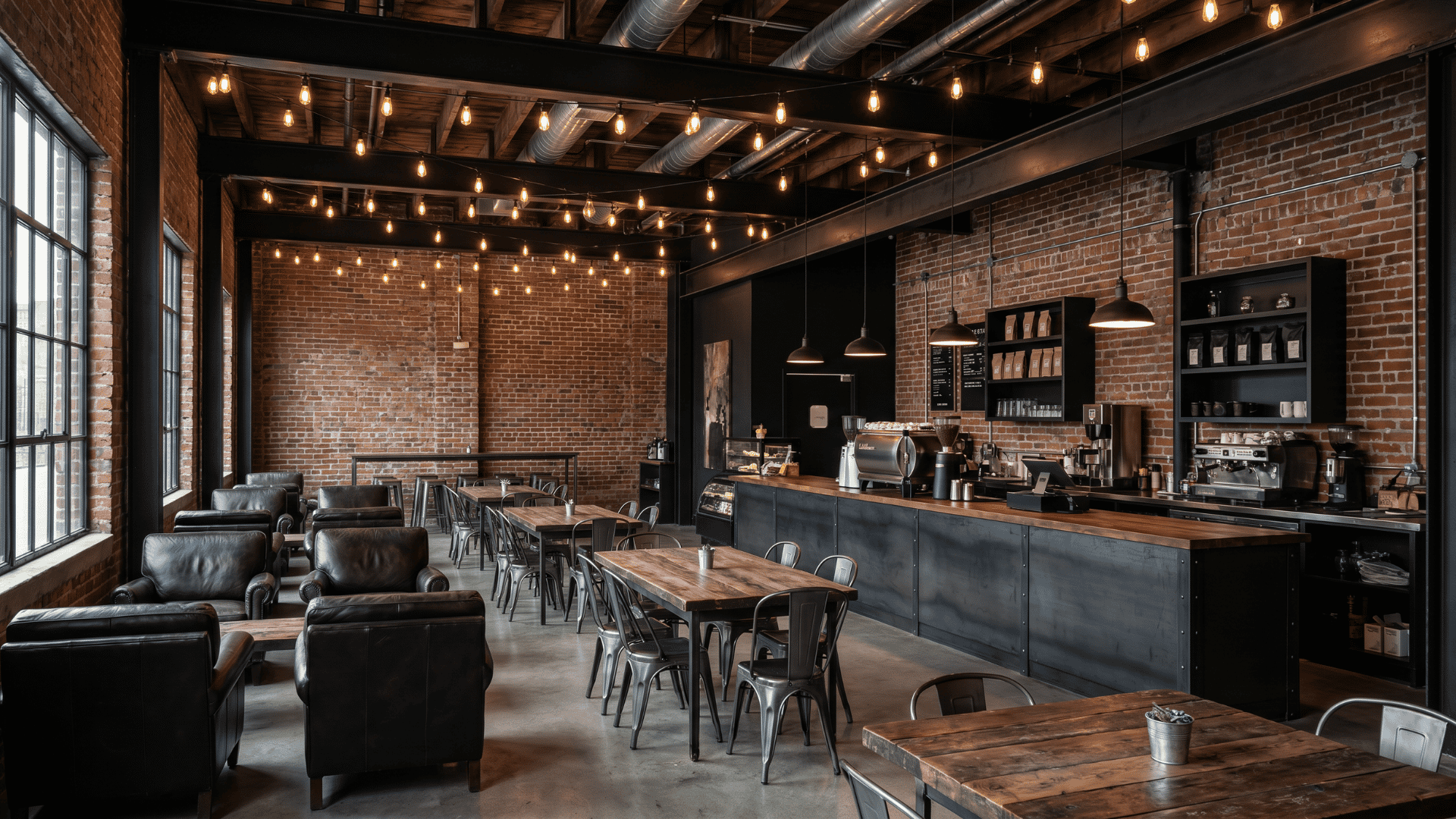 Industrial cafe with exposed brick walls and Edison bulb lighting