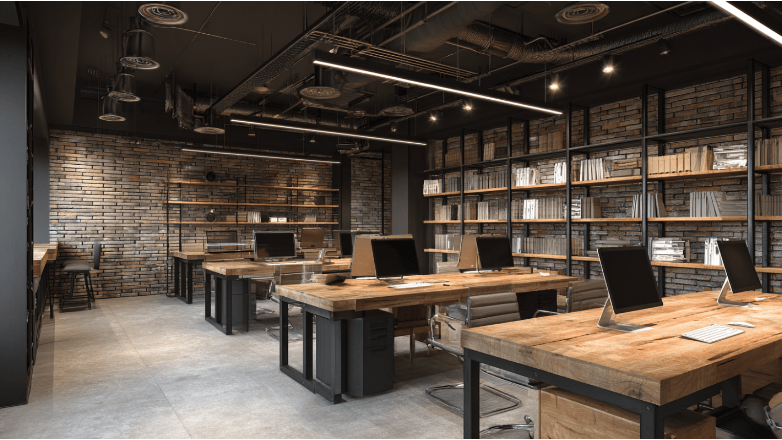 Industrial-style office with wood and metal furniture.