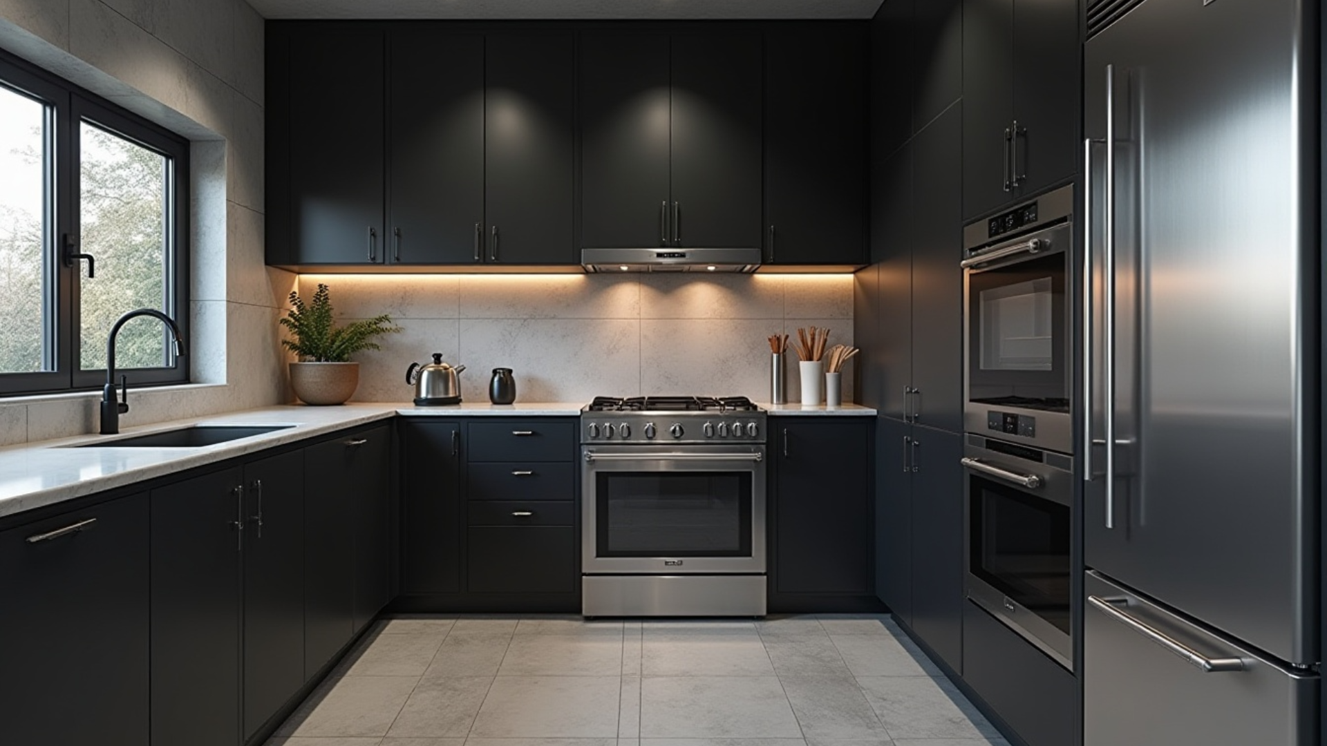 inky black dark cabinets with silver gray walls and stainless steel finishes in a modern kitchen