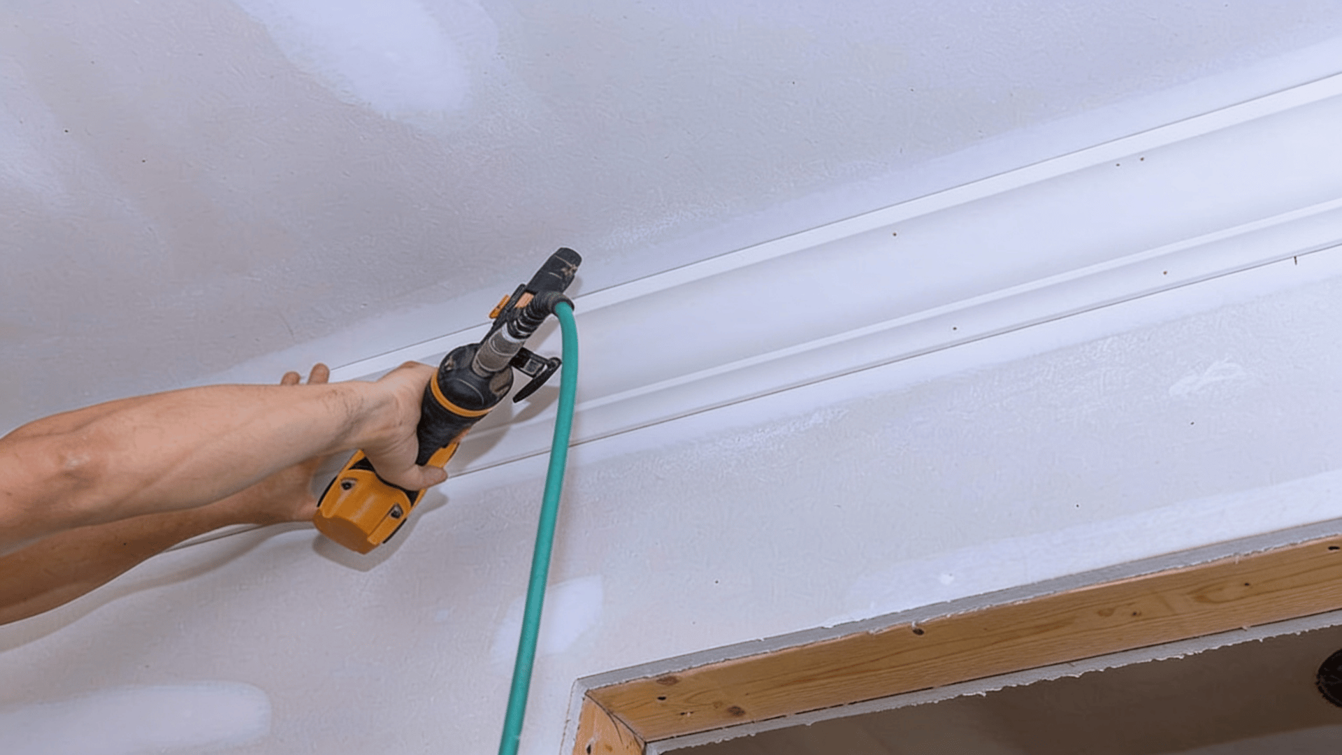 Installing white crown moulding with a nail gun along the ceiling edge