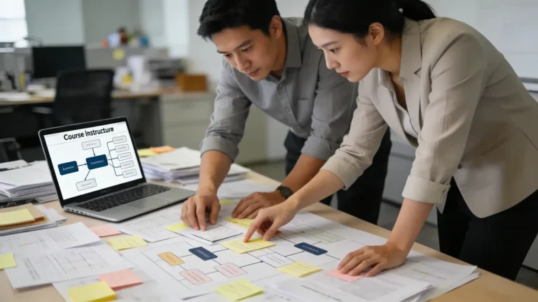 Instructional designer workspace with training outlines, sticky notes, and laptop used for learning planning with people