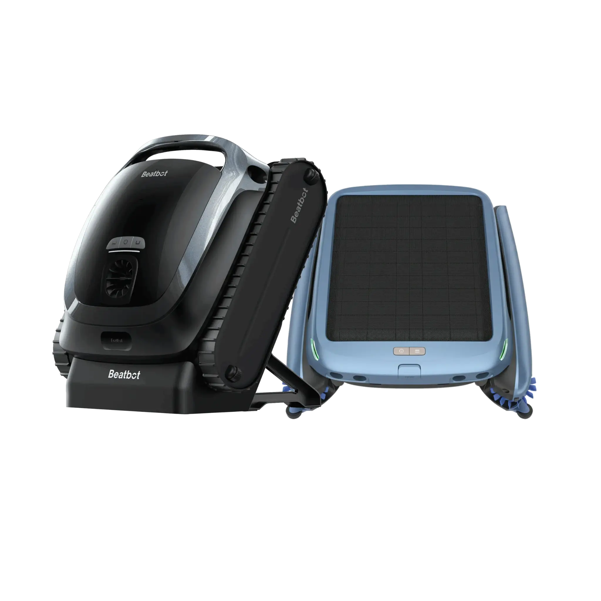 Two robotic pool cleaners in black and blue with solar panels and tracks on white background