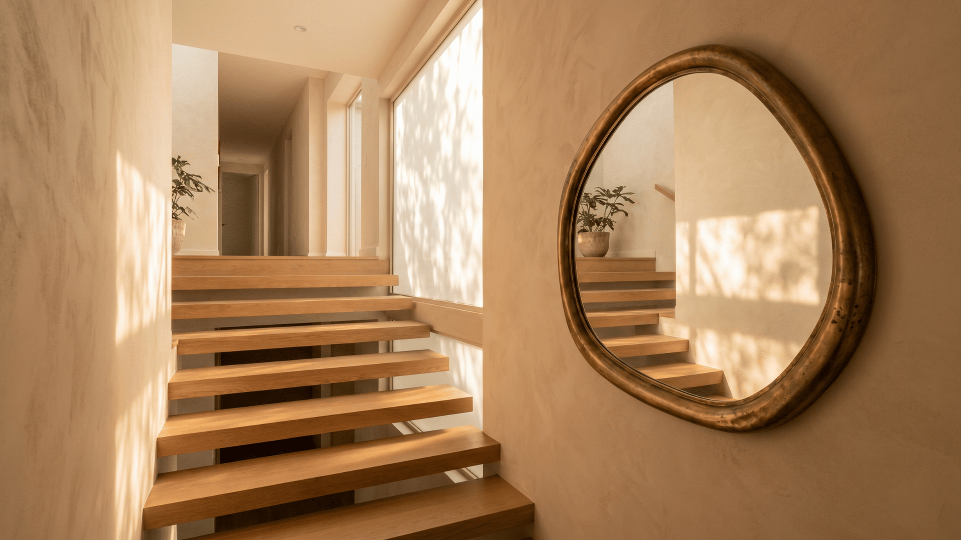 Irregular-shaped mirror on a staircase landing wall with natural light