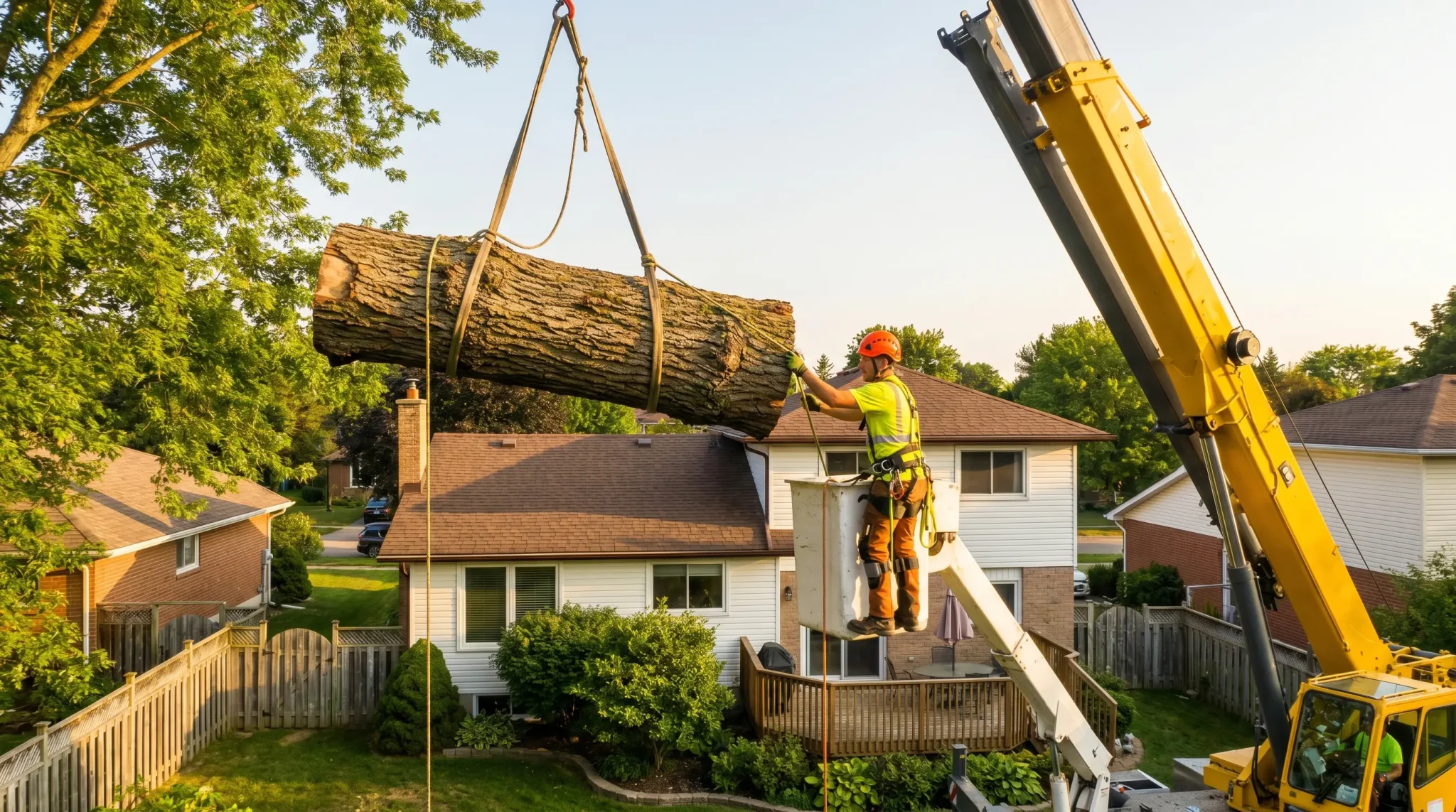 Worker in safety gear directing crane lifting tree log in suburban backyard