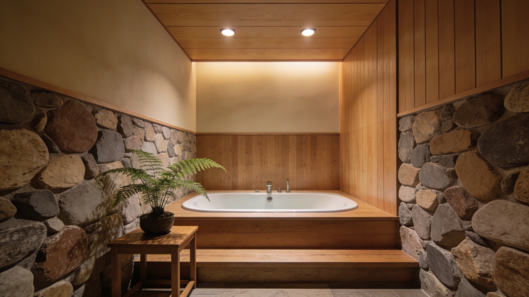 japanese bathroom with deep soaking tub and stone walls