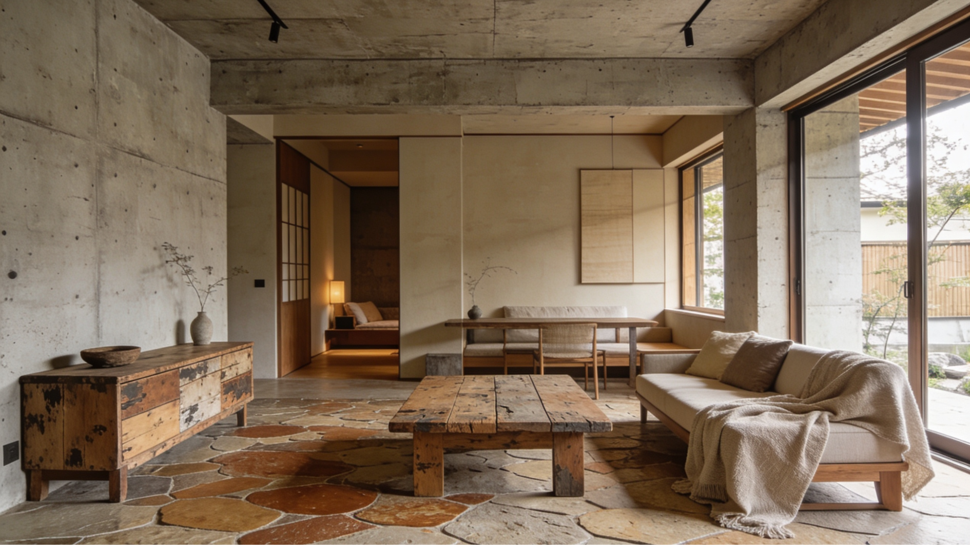 japanese interior with concrete walls and aged wood