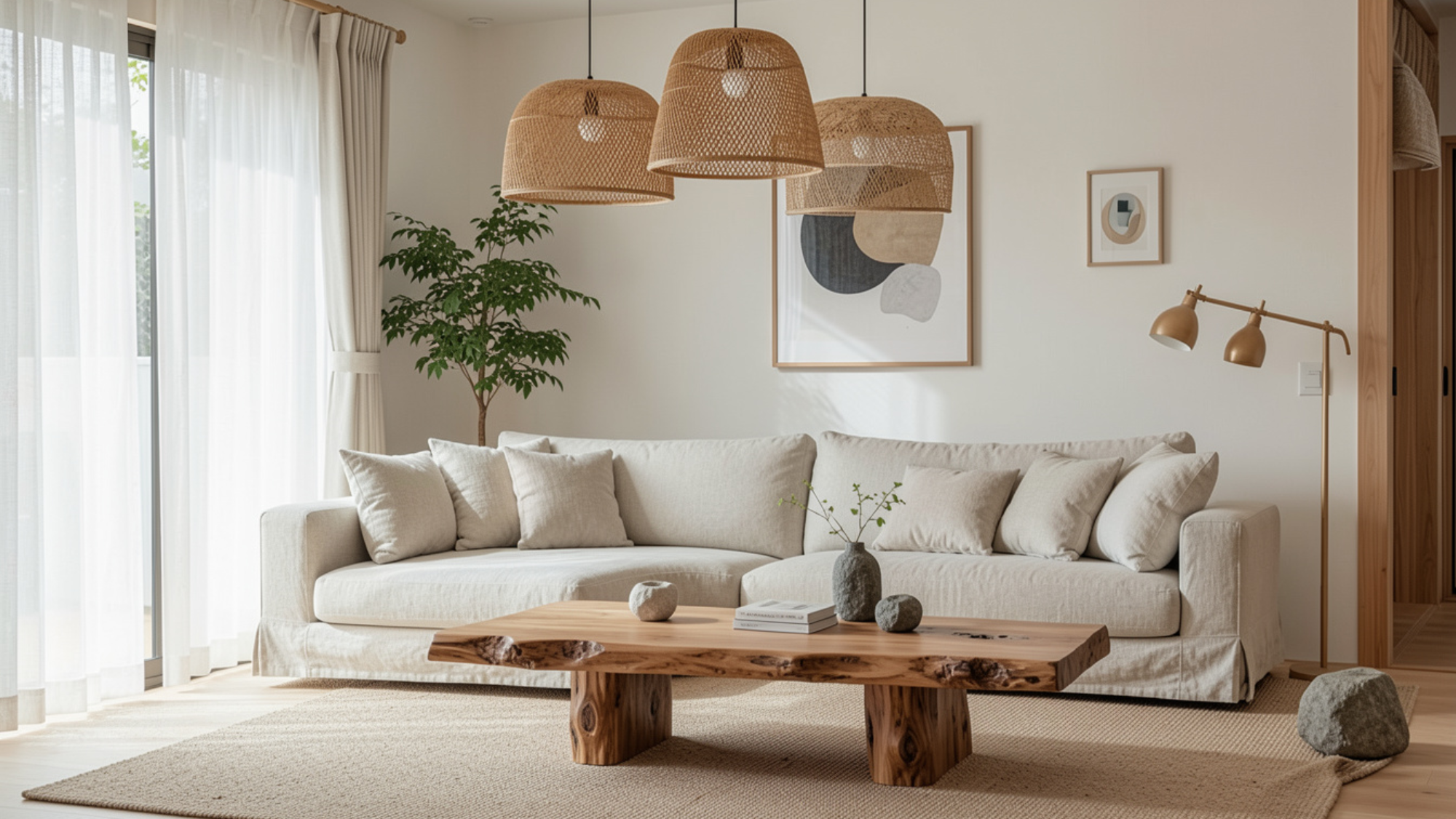 japanese living room with linen rattan wood and woven textures
