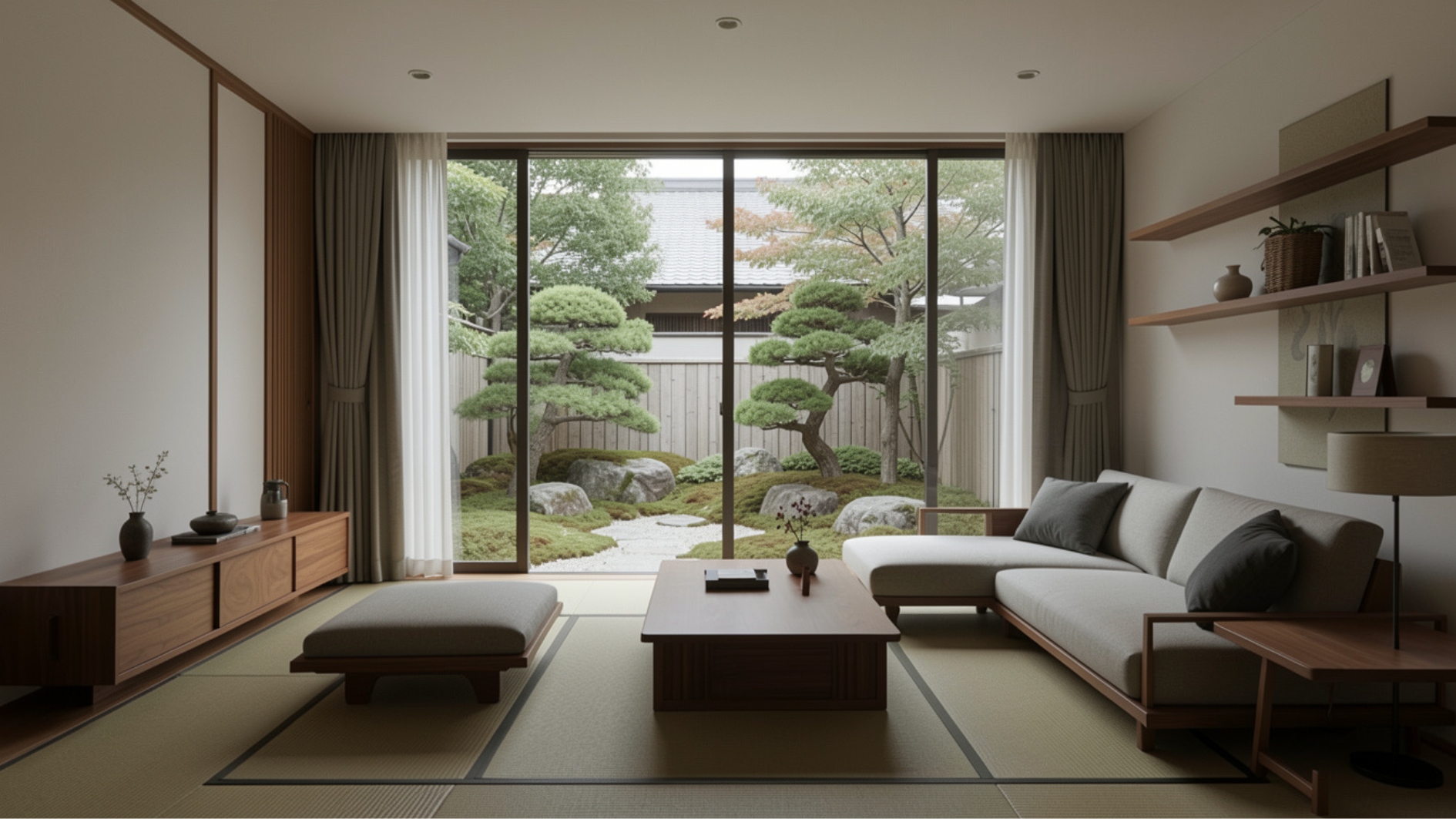 japanese living room with window overlooking zen garden
