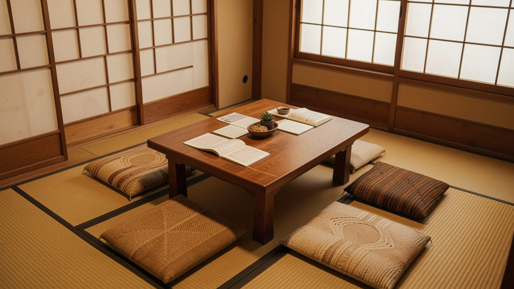 japanese reading corner with tatami mats and low table