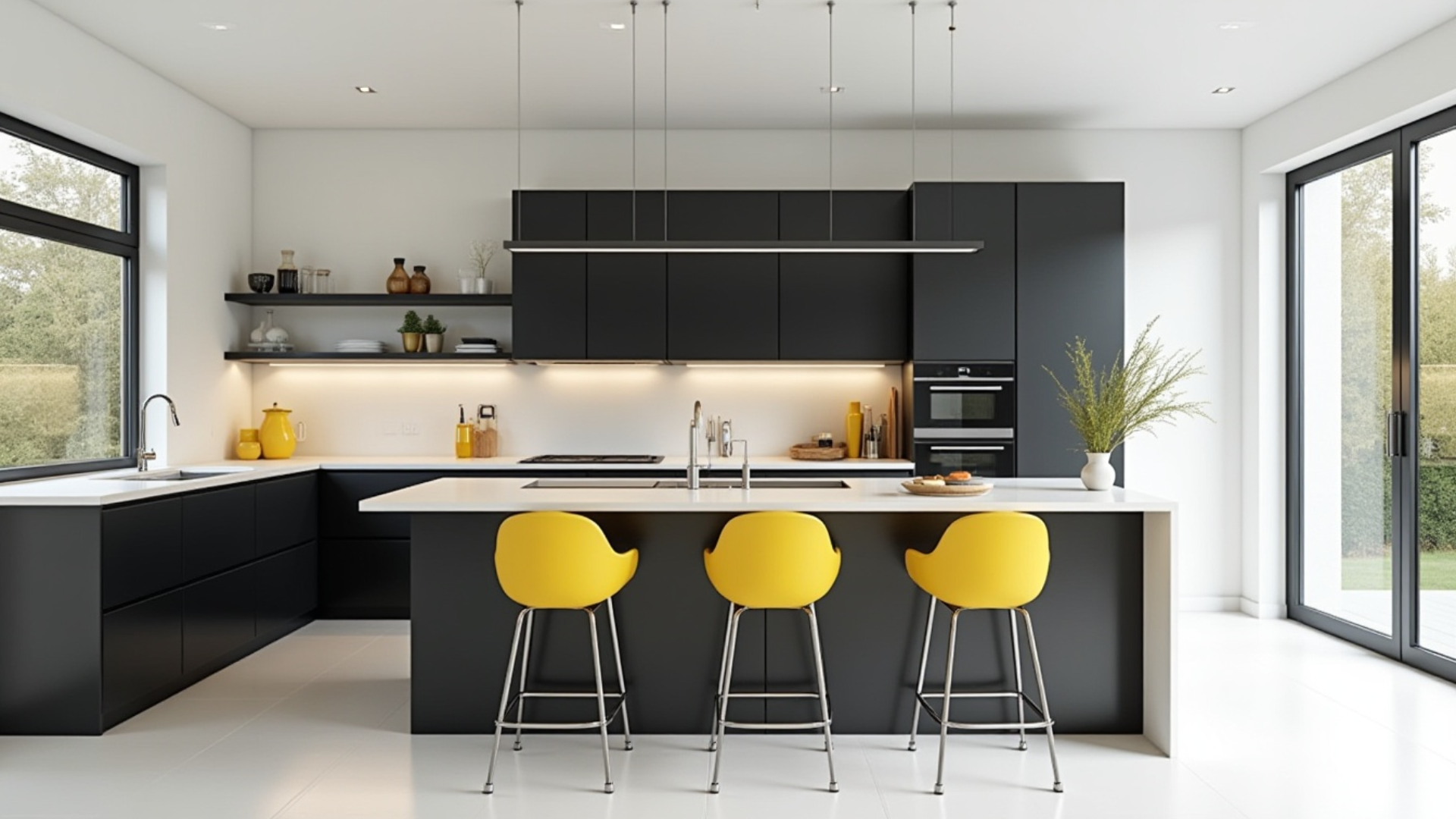 jet black dark cabinets with pure white countertops and buttery yellow accents in a bold modern kitchen