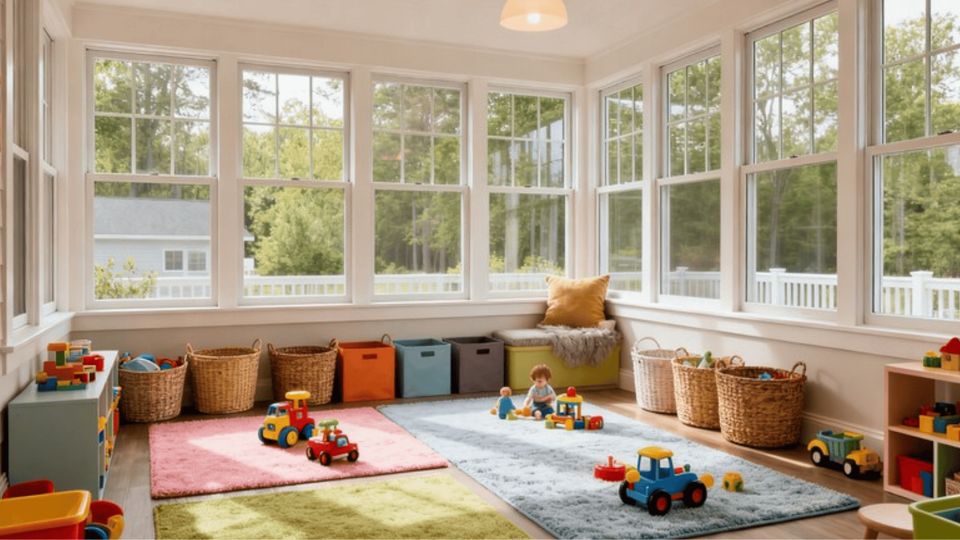 kids playroom with colorful rugs, toys, storage baskets, and large windows providing bright natural light and garden views