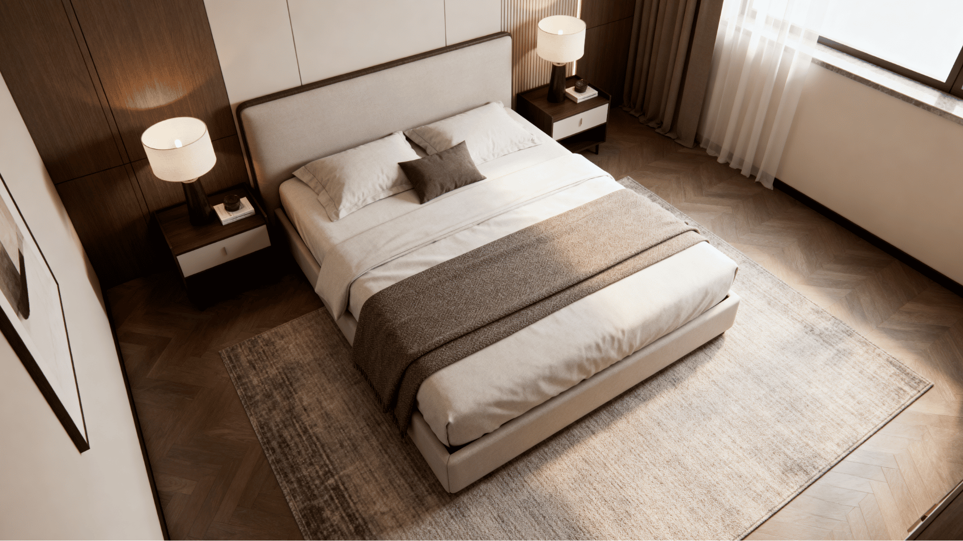 king bed with two-thirds rug placement in a medium bedroom with visible rug space around sides and foot area