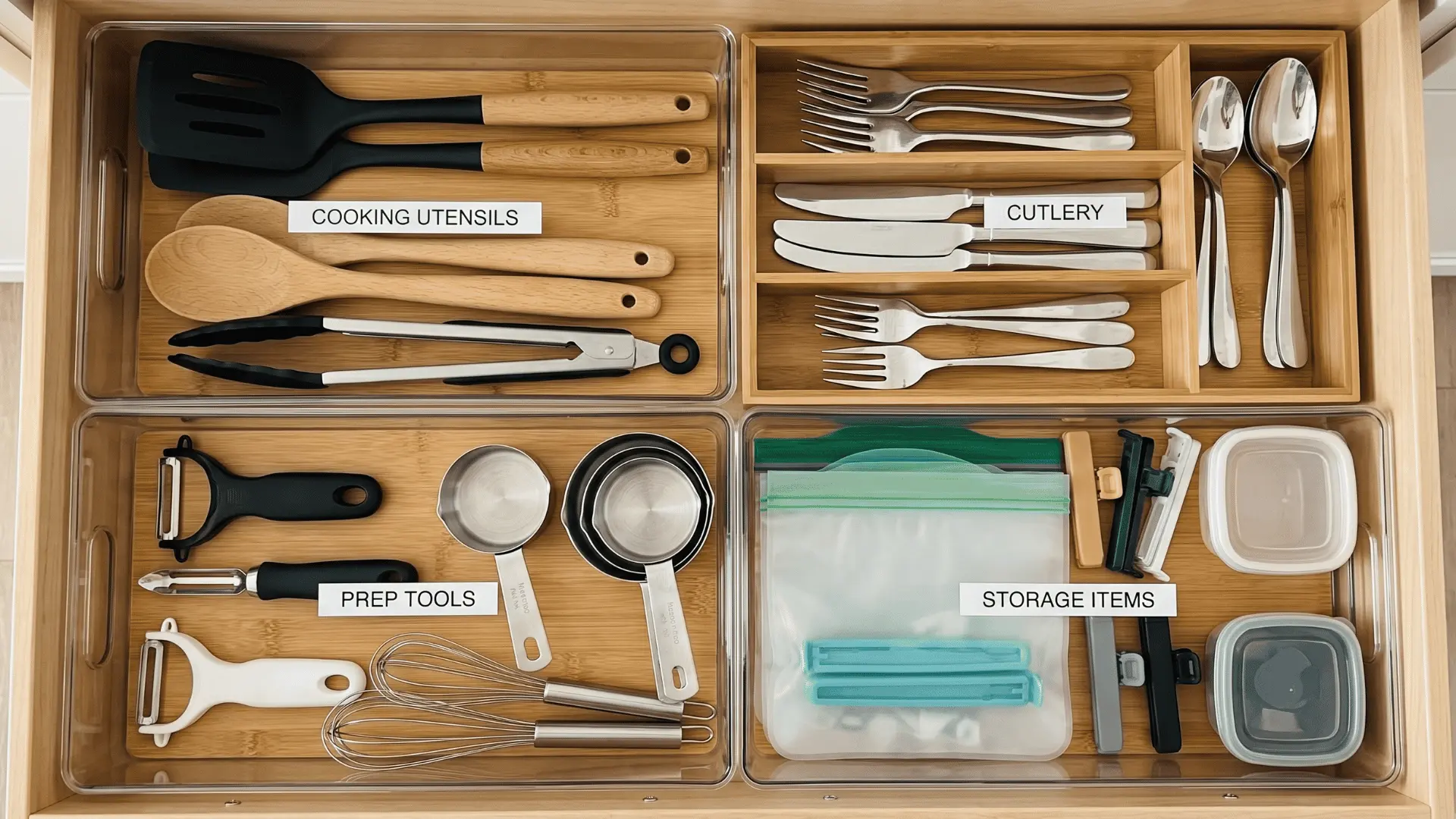 Kitchen drawer organized into sections with utensils, prep tools, and storage items