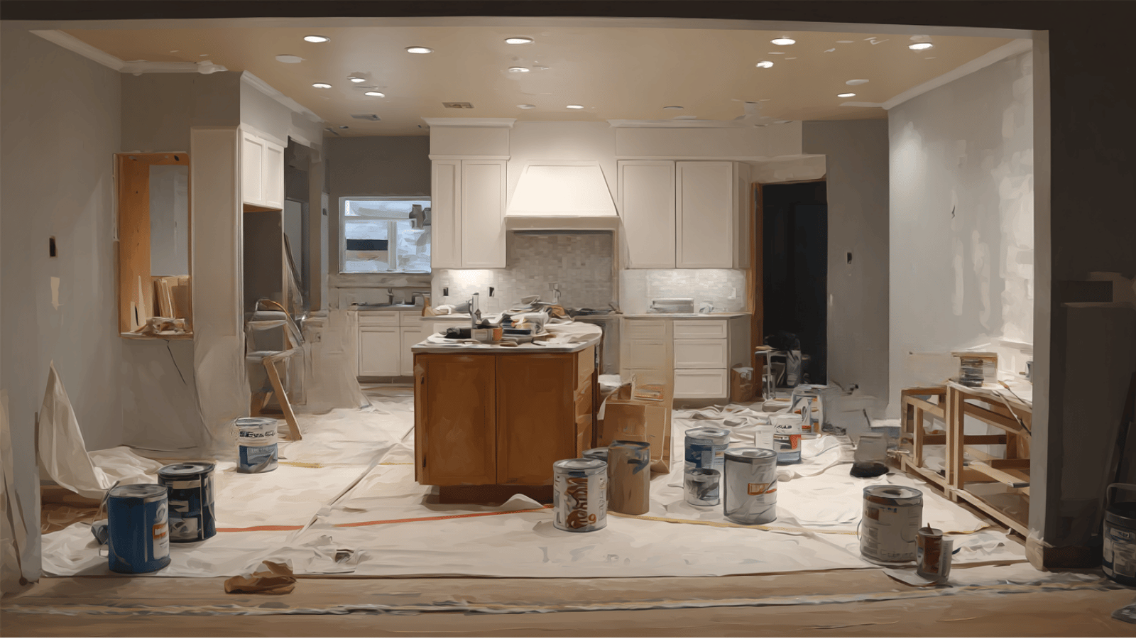 Kitchen interior with painted walls, covered counters, paint trays, and organized painting tools indoors.