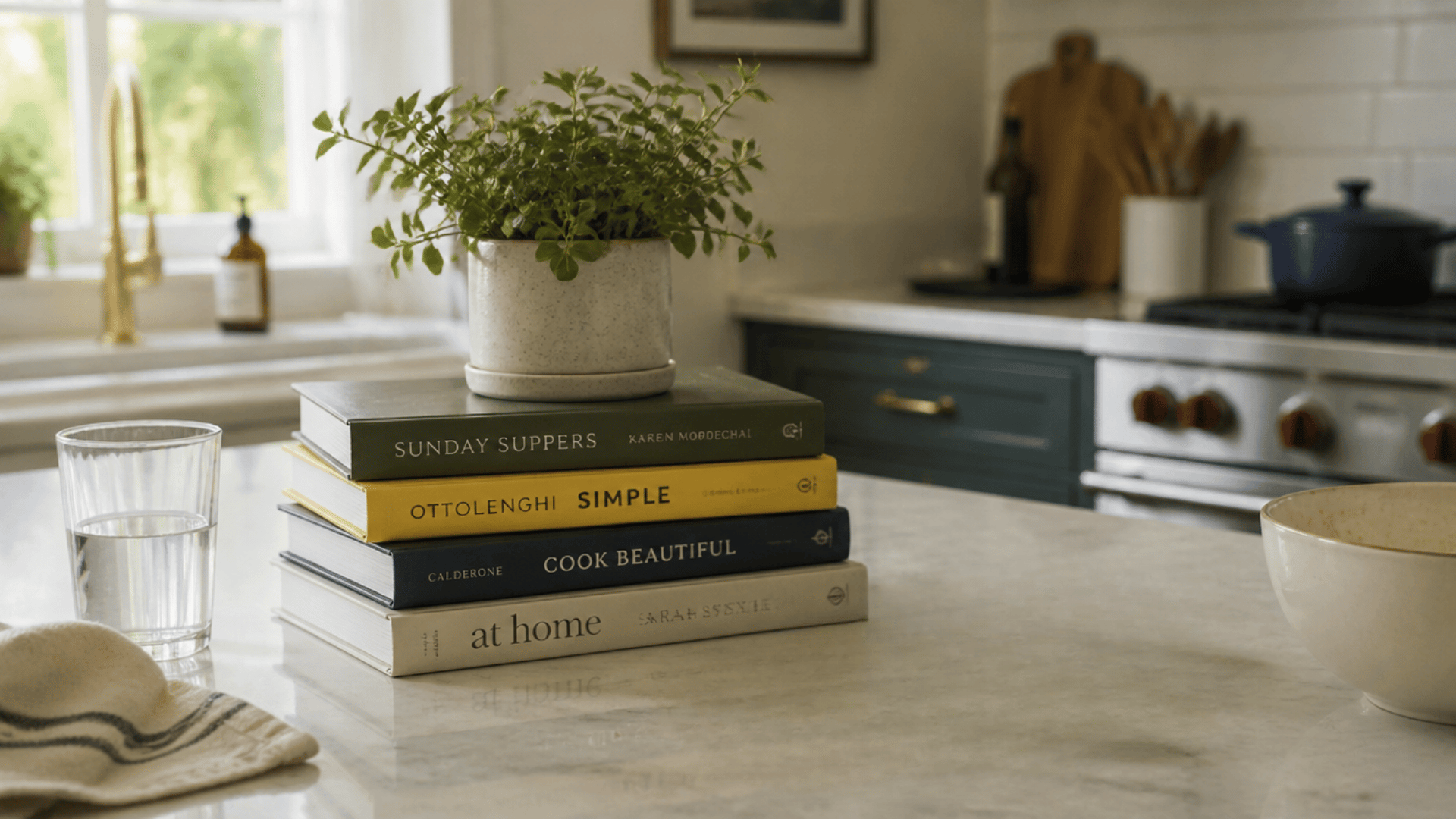 Kitchen island with stacked cookbooks, potted plant, and cozy modern kitchen background.