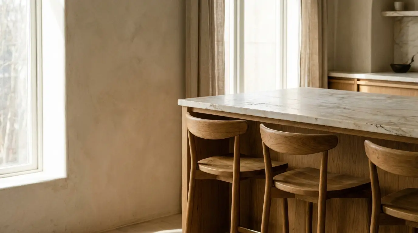 Warm-toned kitchen with wooden bar stools and marble countertop in natural light