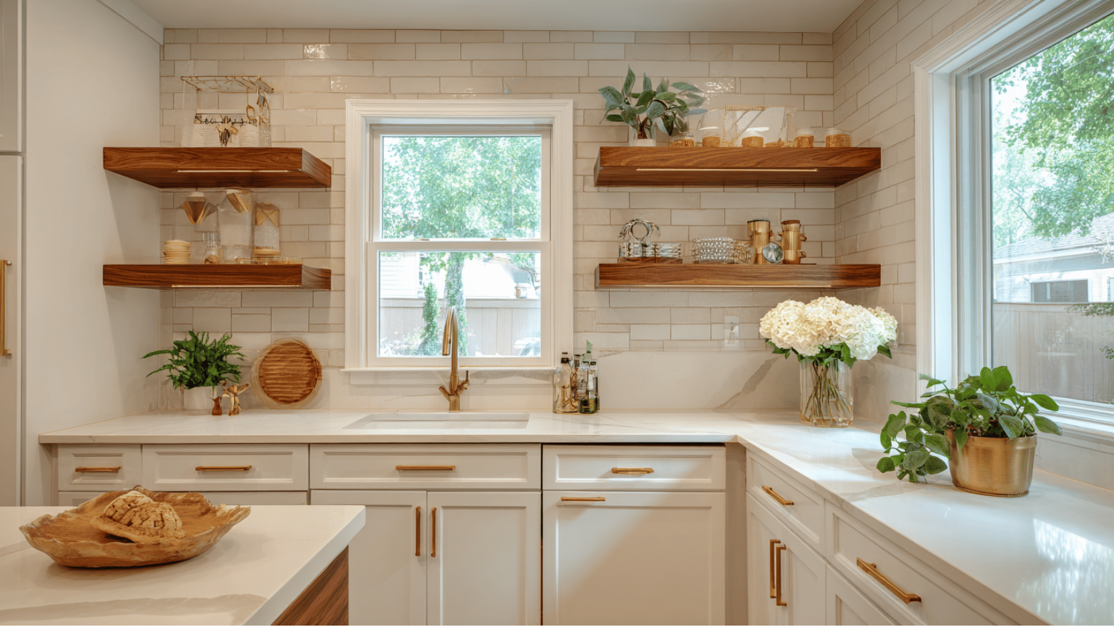 Kitchen with Accessible Beige walls, white cabinets, gold accents, and warm wooden shelves