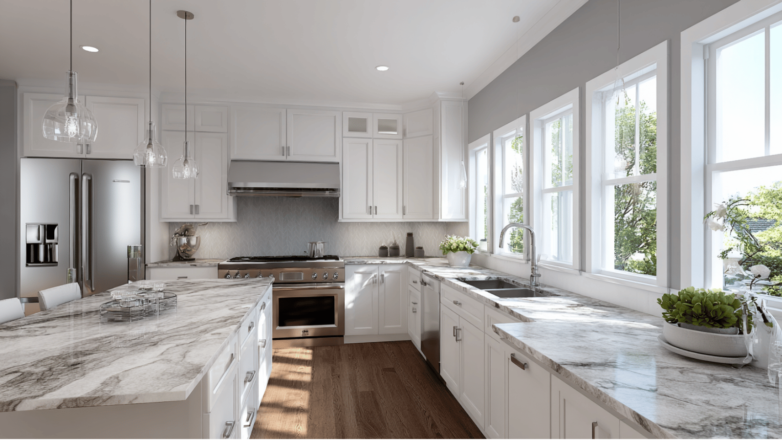 Kitchen with Agreeable Gray walls, white cabinets, marble counters, and stainless steel appliances