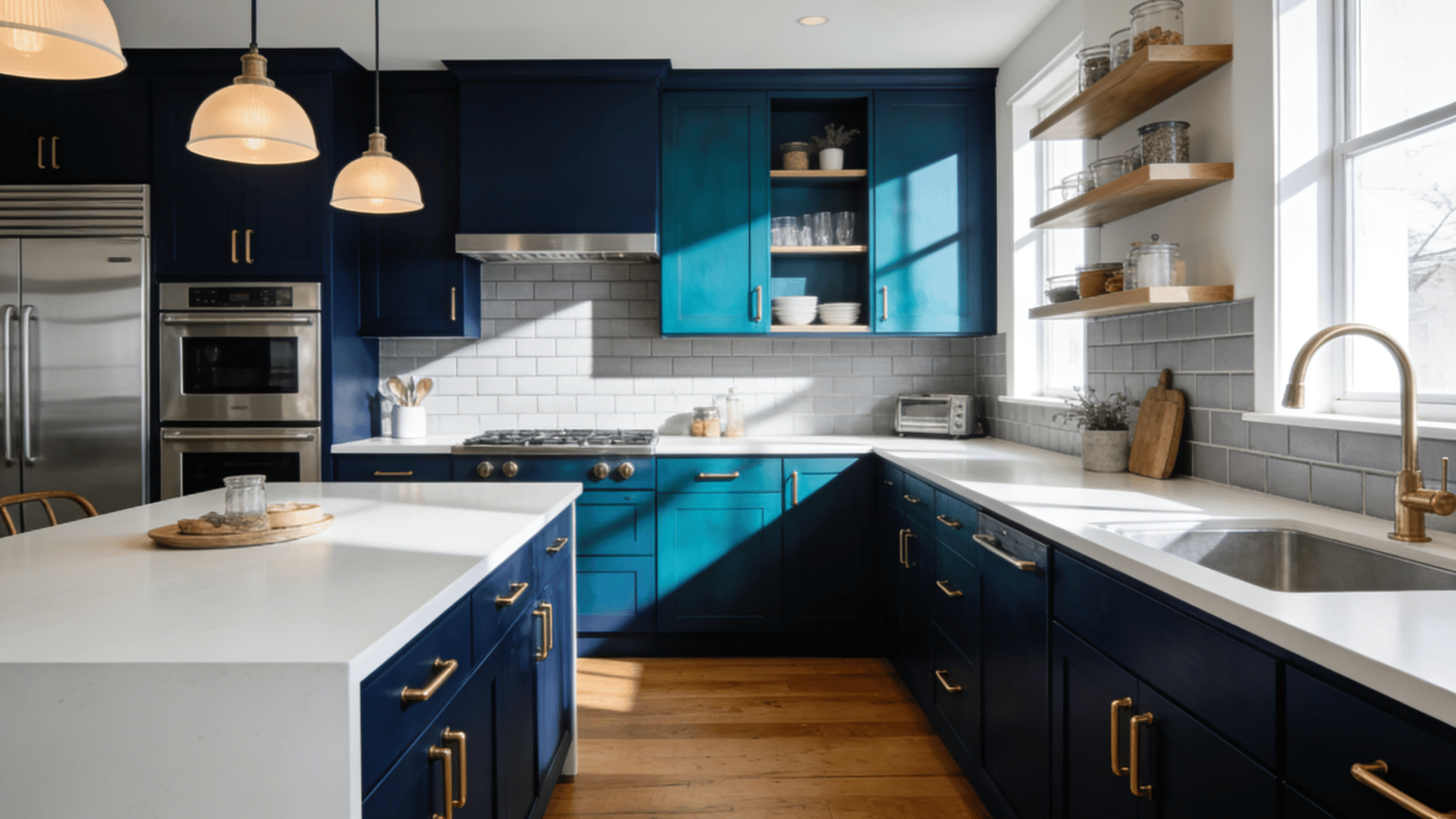 Kitchen with dark navy-blue cabinets, white countertops, brass hardware, warm wood flooring, and soft natural light.