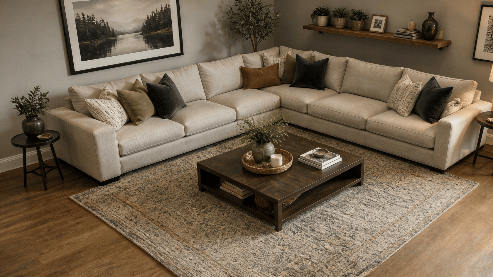 L-shaped sofa and sectional arranged around a coffee table in a living room corner