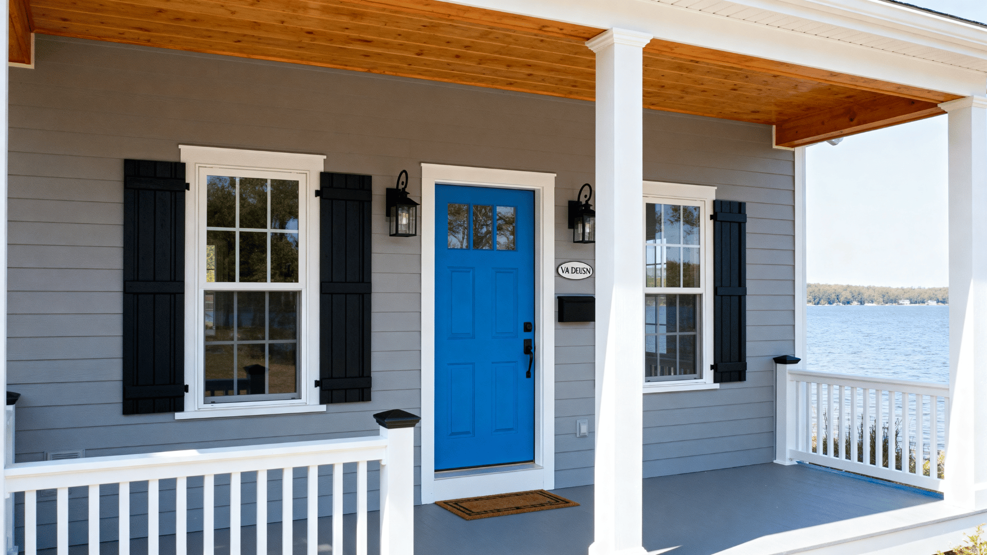 lake home with gray siding, Van Deusen blue door and shutters, white trim, wood porch details, and black accents