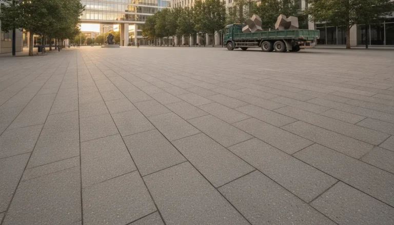 Wide city plaza with geometric pavers, green truck carrying large stone blocks, surrounded by trees