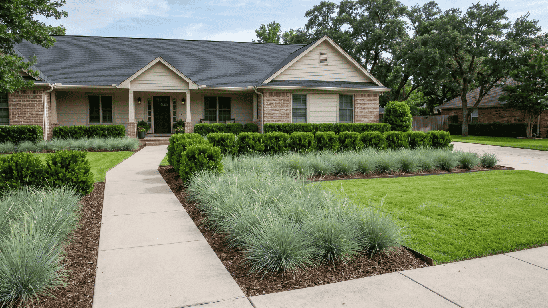 Large patch of ornamental grasses with a row of shrubs in front yard.