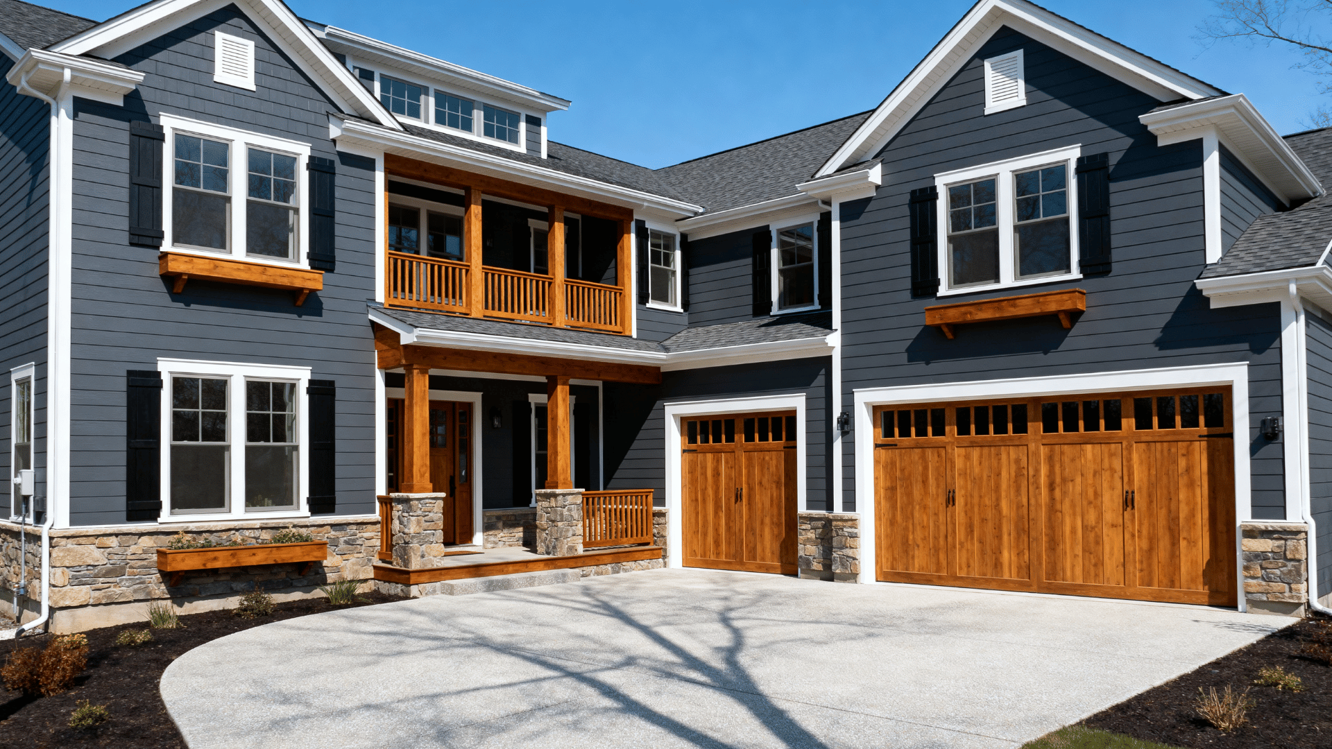 large traditional home with deep gray siding, white trim, black shutters, cedar garage doors, and stone accents