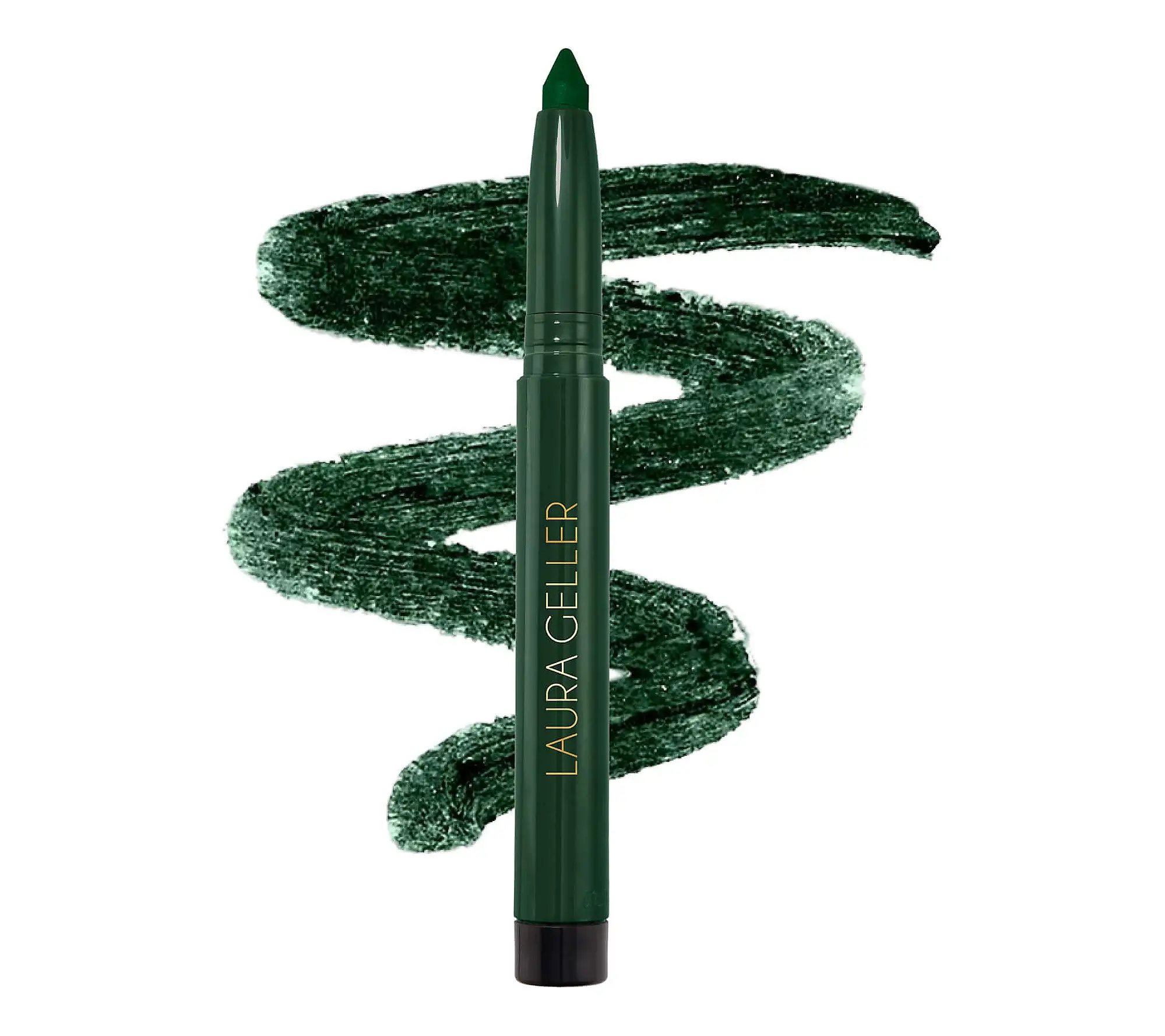 Green eyeliner pencil with swirled stroke on white background
