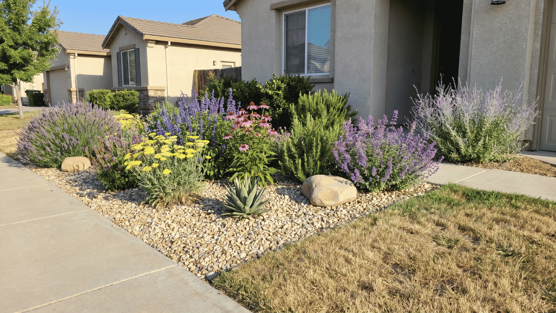 Lavender, salvia, and coneflower planted in a sunny front yard.