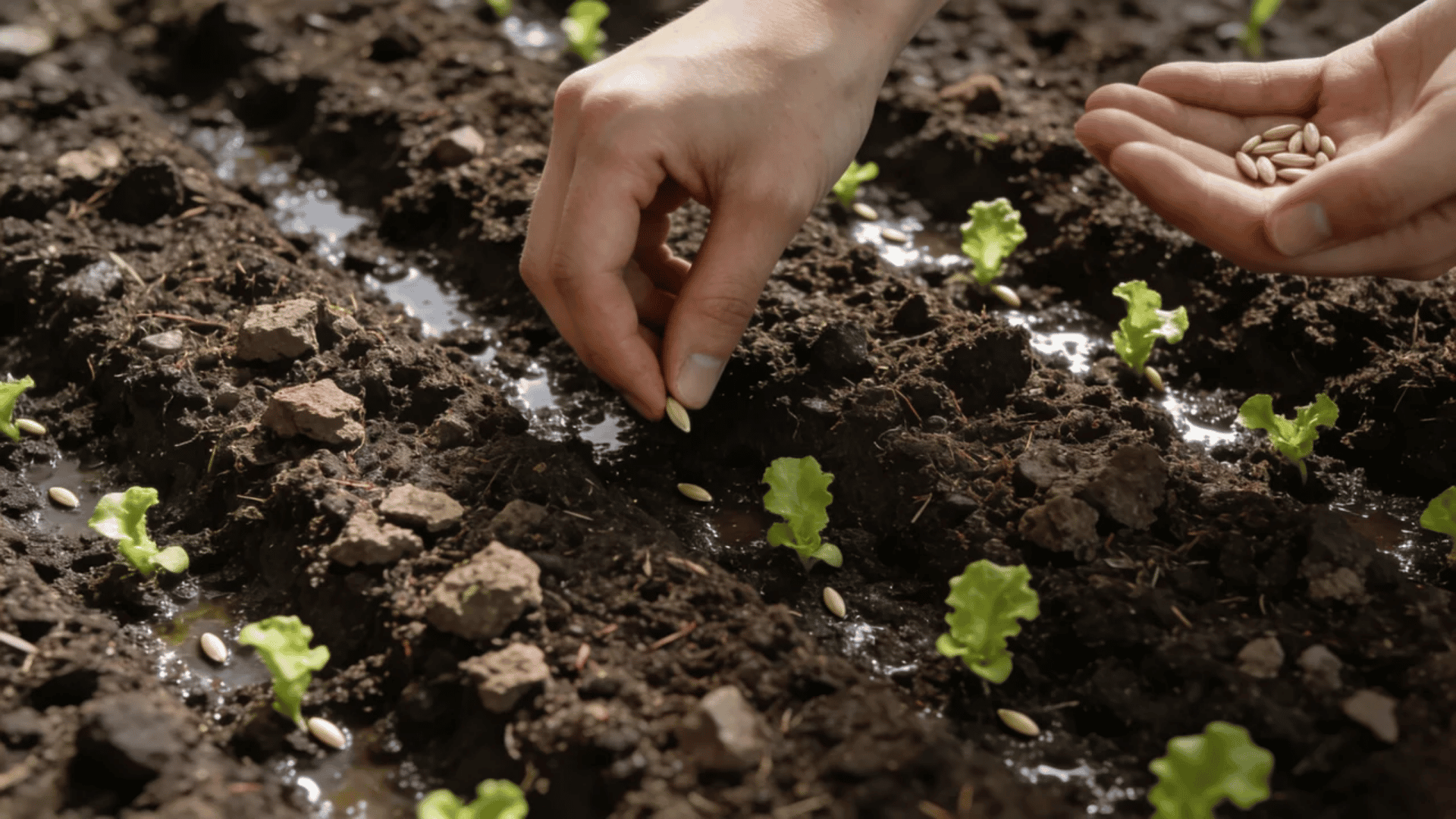 Lettuce seeds being planted in loose garden soil with shallow rows and moist compost-rich earth.