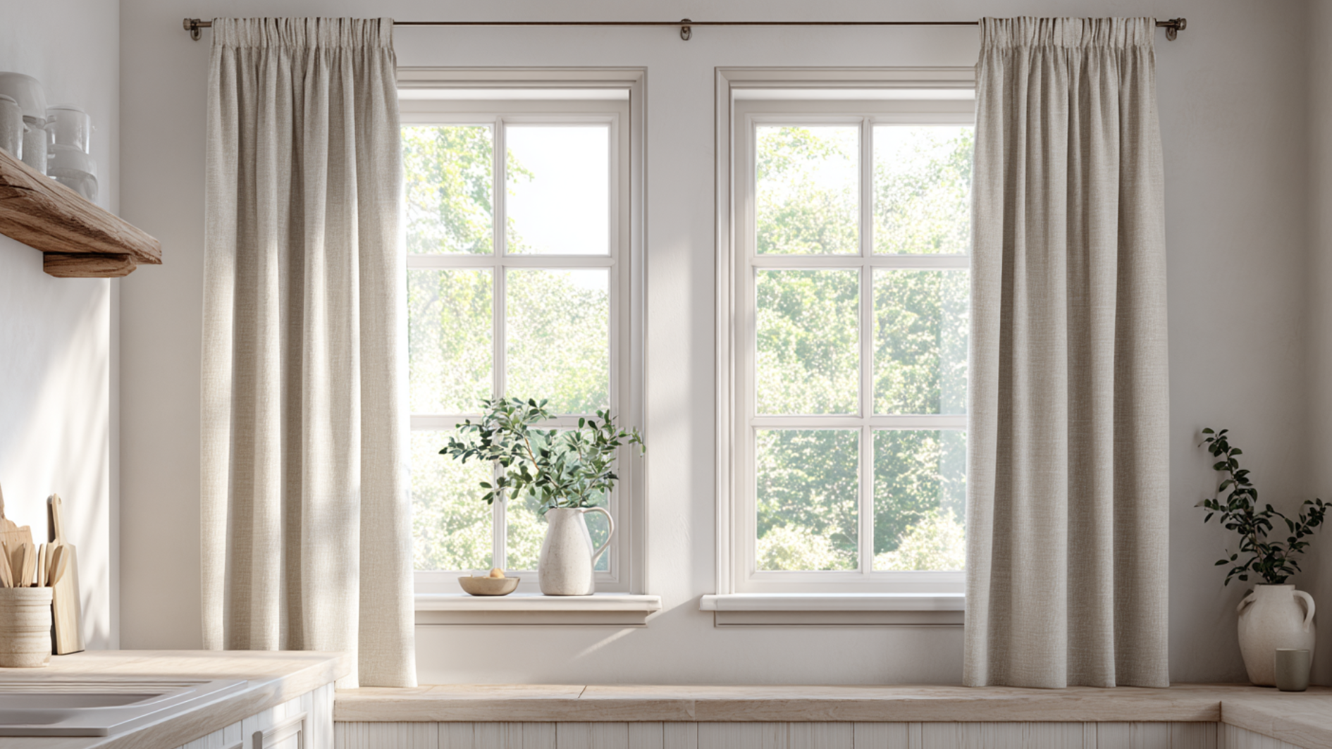 light beige linen curtains hanging beside large windows with natural sunlight and simple home decor accents indoors